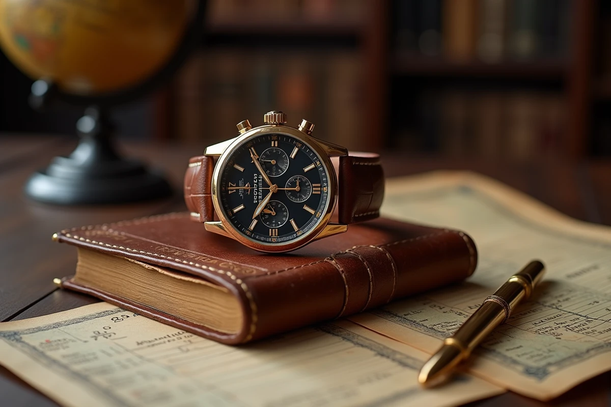 Montre mécanique de collection posée sur des documents d'estimation dans un bureau de collectionneur