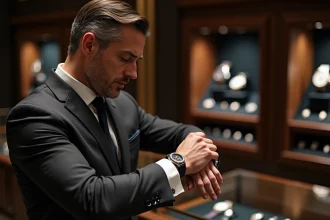 Homme en costume examinant une montre de luxe rare dans une boutique horlogère haut de gamme
