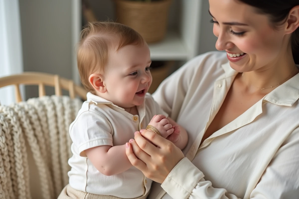 Femme attachant un bracelet en or au poignet d'un bébé lors d'un baptême, moment intime en intérieur