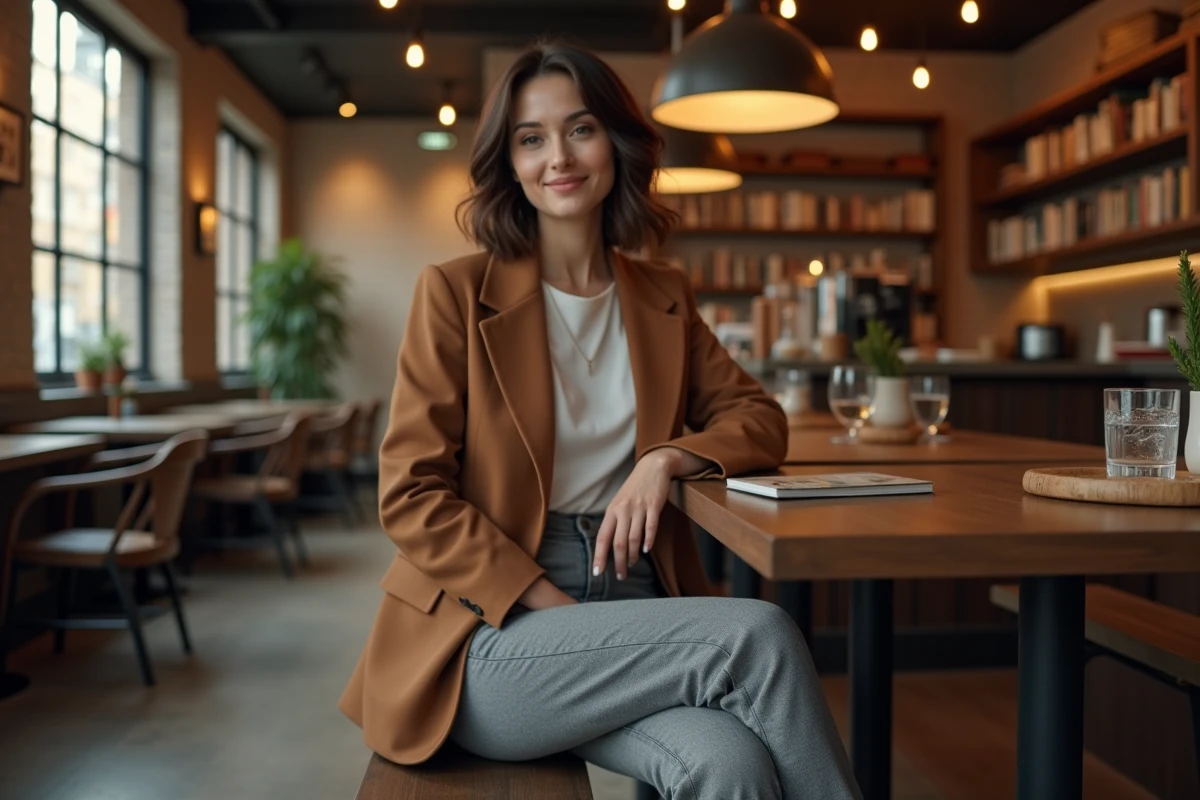 Femme assise dans un café portant un pantalon Halara coupe droite slim en tissu stretch gris chiné avec un blazer camel