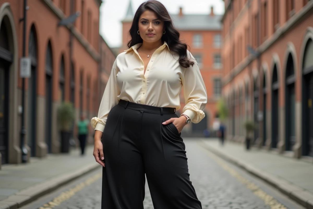Femme à la silhouette généreuse portant un pantalon Halara taille haute à jambes larges en tissu scuba noir en extérieur urbain