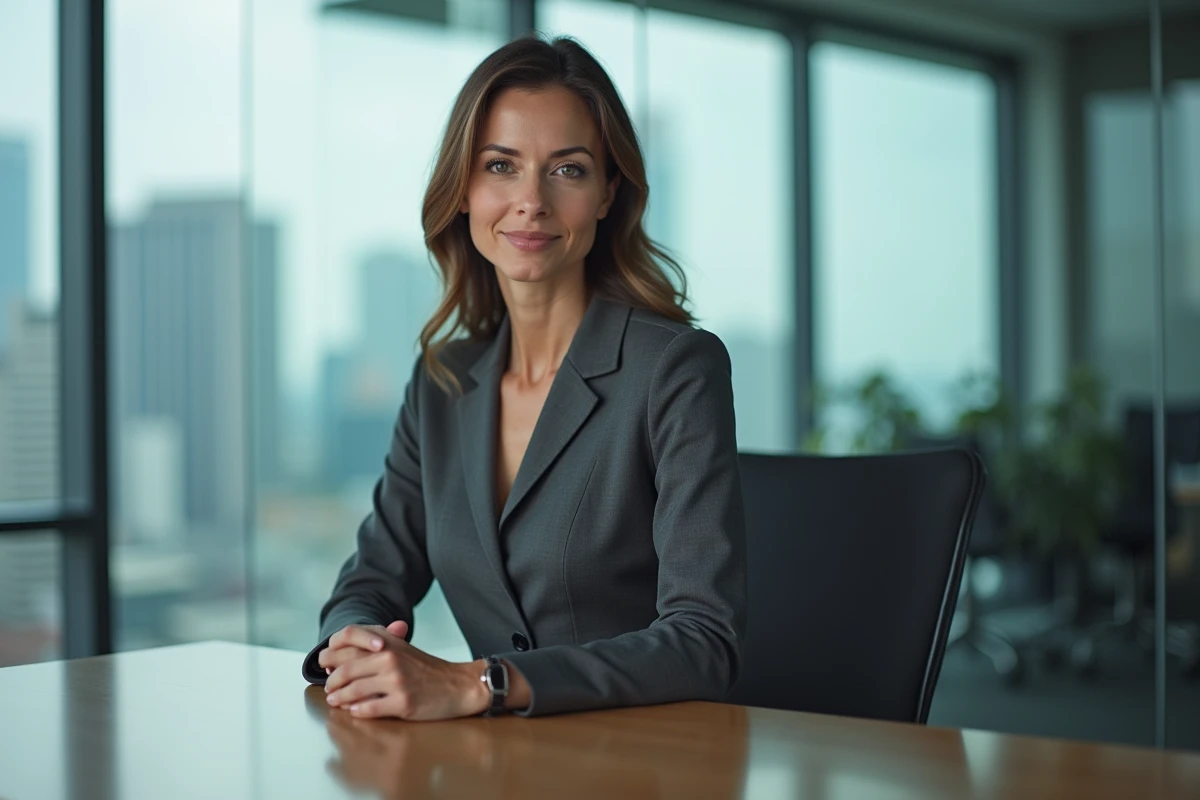 Femme dirigeante en robe grise assise à une table de conférence, portrait corporatif officiel en environnement de bureau moderne