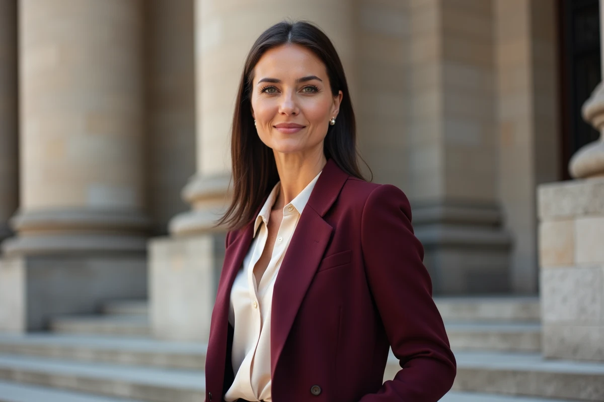 Portrait institutionnel d'une femme professionnelle devant un bâtiment officiel à colonnes, cliché officiel en extérieur