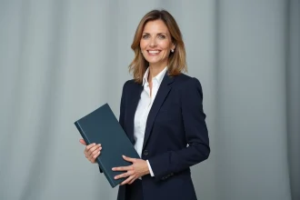 Portrait officiel d'une femme professionnelle en blazer marine devant un fond de studio neutre, style éditorial authentique