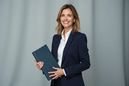 Portrait officiel d'une femme professionnelle en blazer marine devant un fond de studio neutre, style éditorial authentique