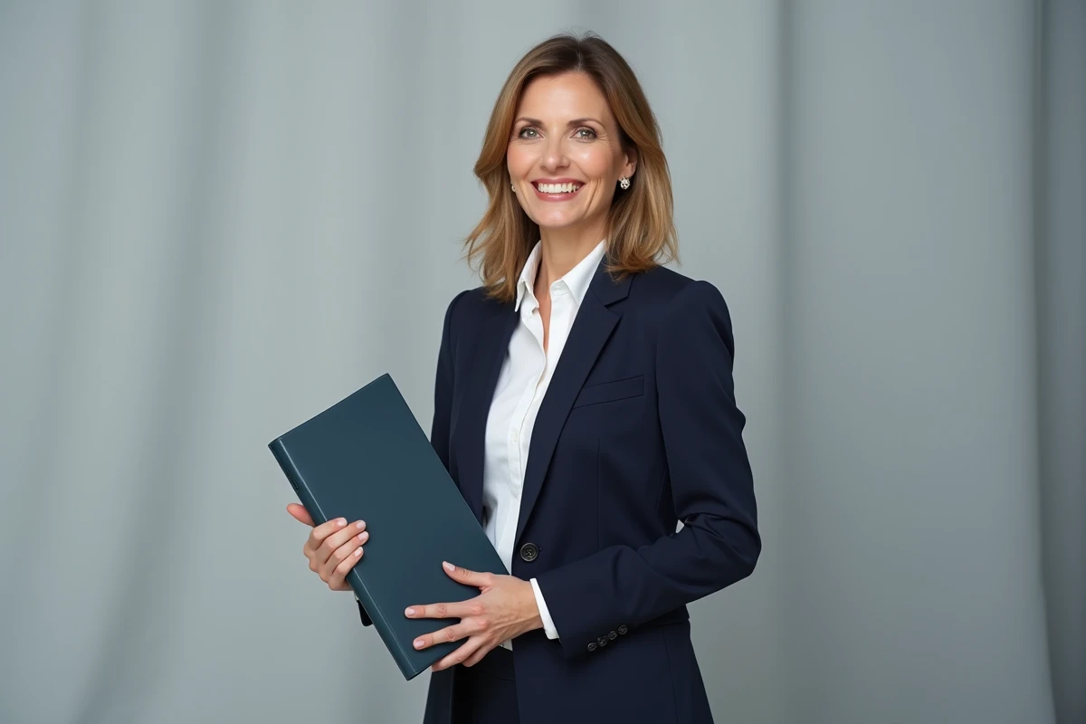 Portrait officiel d'une femme professionnelle en blazer marine devant un fond de studio neutre, style éditorial authentique