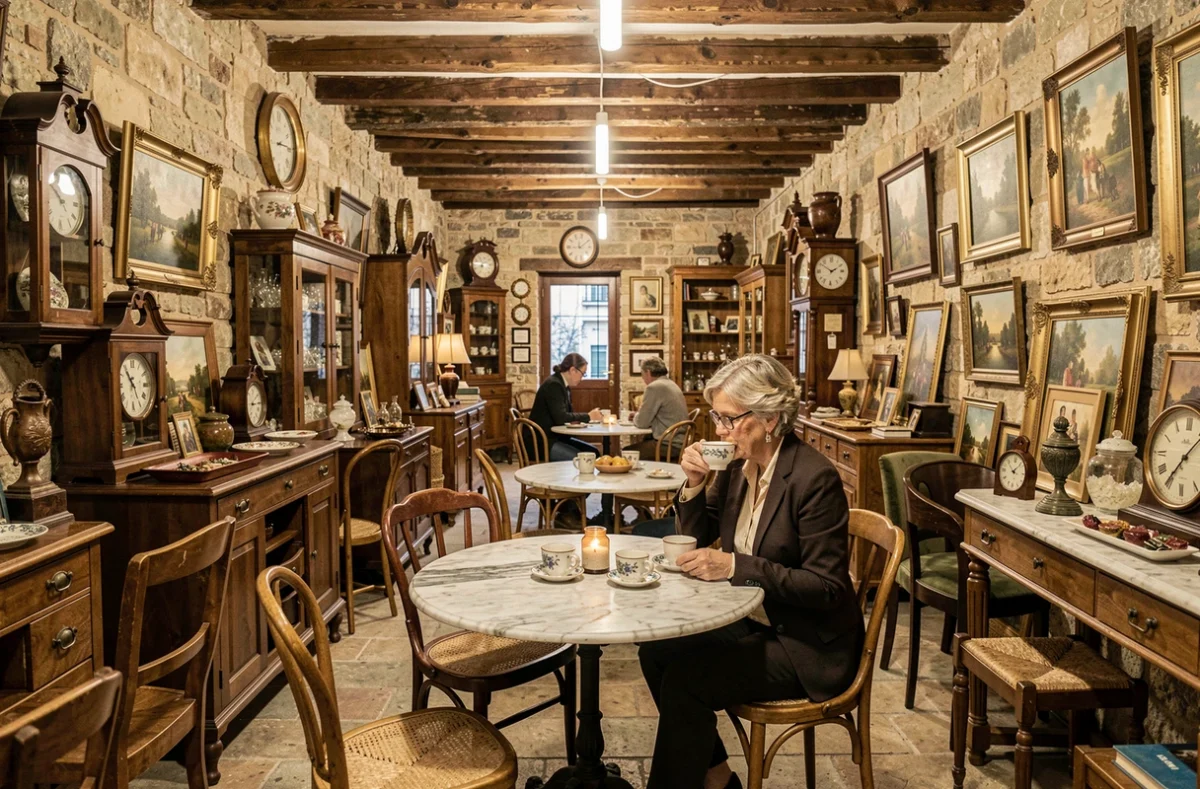 Intérieur du Puces Café à Châtillon dans le Rhône mêlant brocante vintage et atmosphère de café bistrot avec des meubles anciens