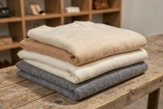 Stack de pulls en cachemire haut de gamme pliés sur une surface en chêne dans une boutique de luxe minimaliste