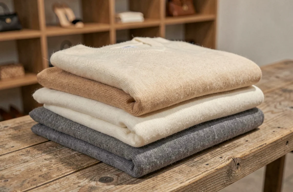 Stack de pulls en cachemire haut de gamme pliés sur une surface en chêne dans une boutique de luxe minimaliste
