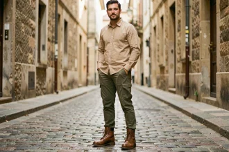 Homme en rangers militaires marron et cargo kaki dans une ruelle pavée européenne, style urbain authentique