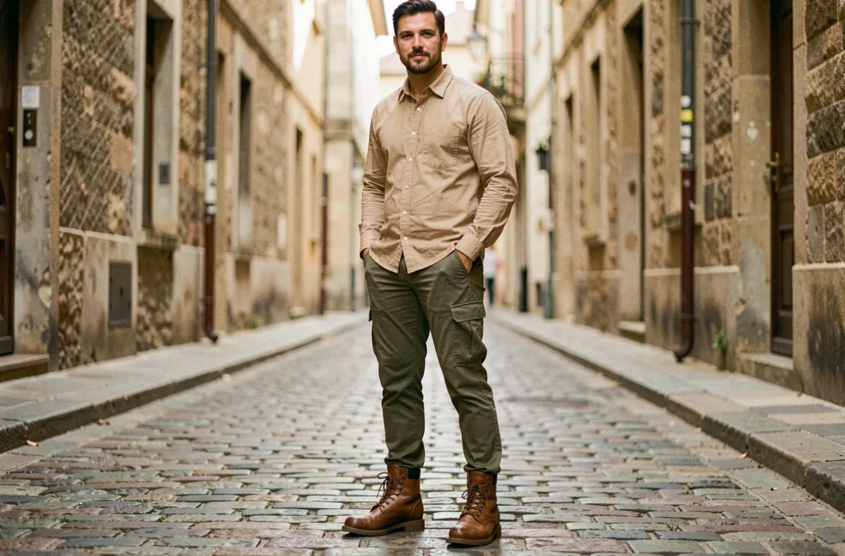 Homme en rangers militaires marron et cargo kaki dans une ruelle pavée européenne, style urbain authentique
