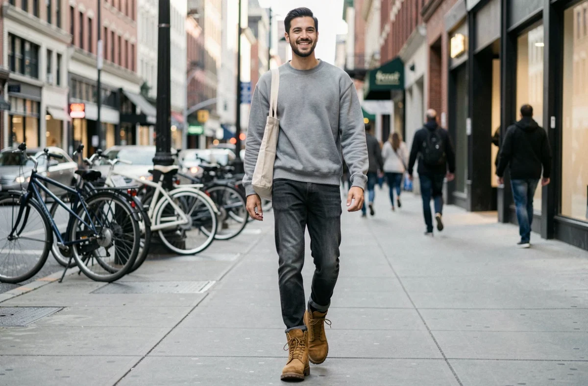 Jeune homme en rangers suède camel et jean noir marchant dans une rue animée de la ville, look streetwear moderne