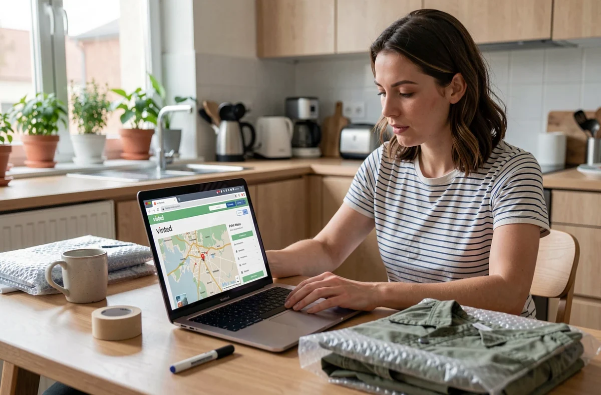 Femme cherchant un point relais Vinted sur une carte en ligne depuis son appartement