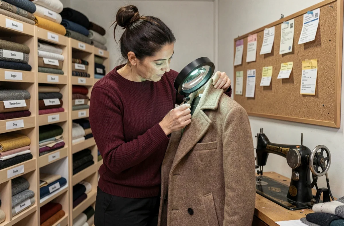 Retoucheuse inspectant le col d'un manteau en laine sous une loupe dans la retoucherie cours Gouffé à Marseille 6e