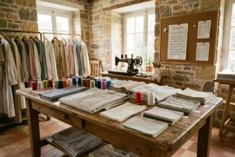 Atelier de retoucherie artisanale en Provence avec machine à coudre, bobines de fil colorées et vêtements suspendus