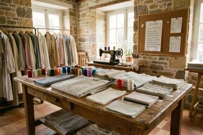 Atelier de retoucherie artisanale en Provence avec machine à coudre, bobines de fil colorées et vêtements suspendus