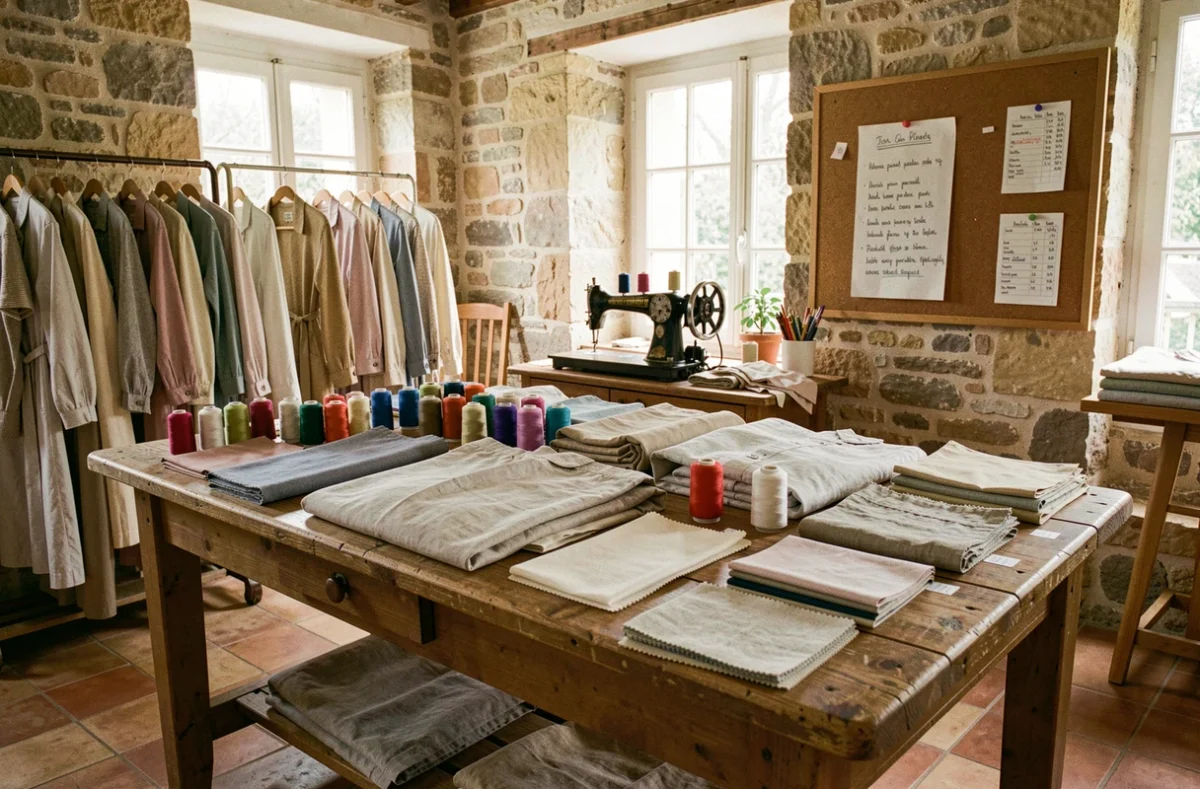 Atelier de retoucherie artisanale en Provence avec machine à coudre, bobines de fil colorées et vêtements suspendus