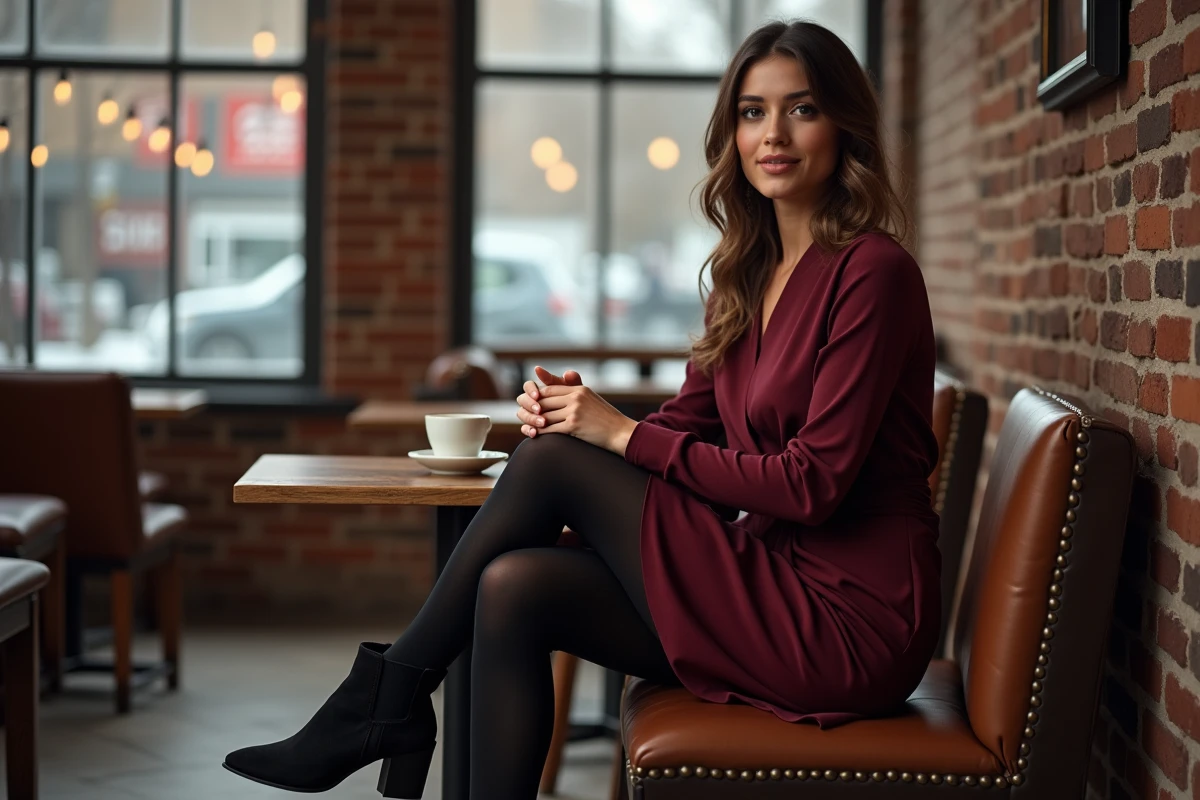 Femme en robe bordeaux avec collants noirs et bottines à talons dans un café en hiver