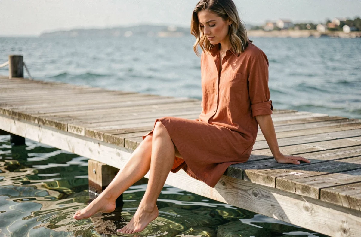 Femme en robe chemise courte terracotta assise sur un ponton en bois, jambes découvertes au-dessus de l'eau