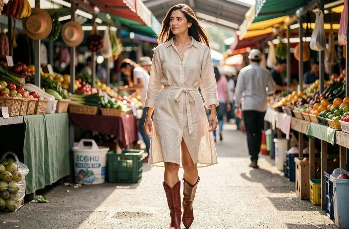 Femme en robe chemise lin crème et santiags rouille marchant dans un marché en plein air, association qui crée une silhouette allongée et décontractée
