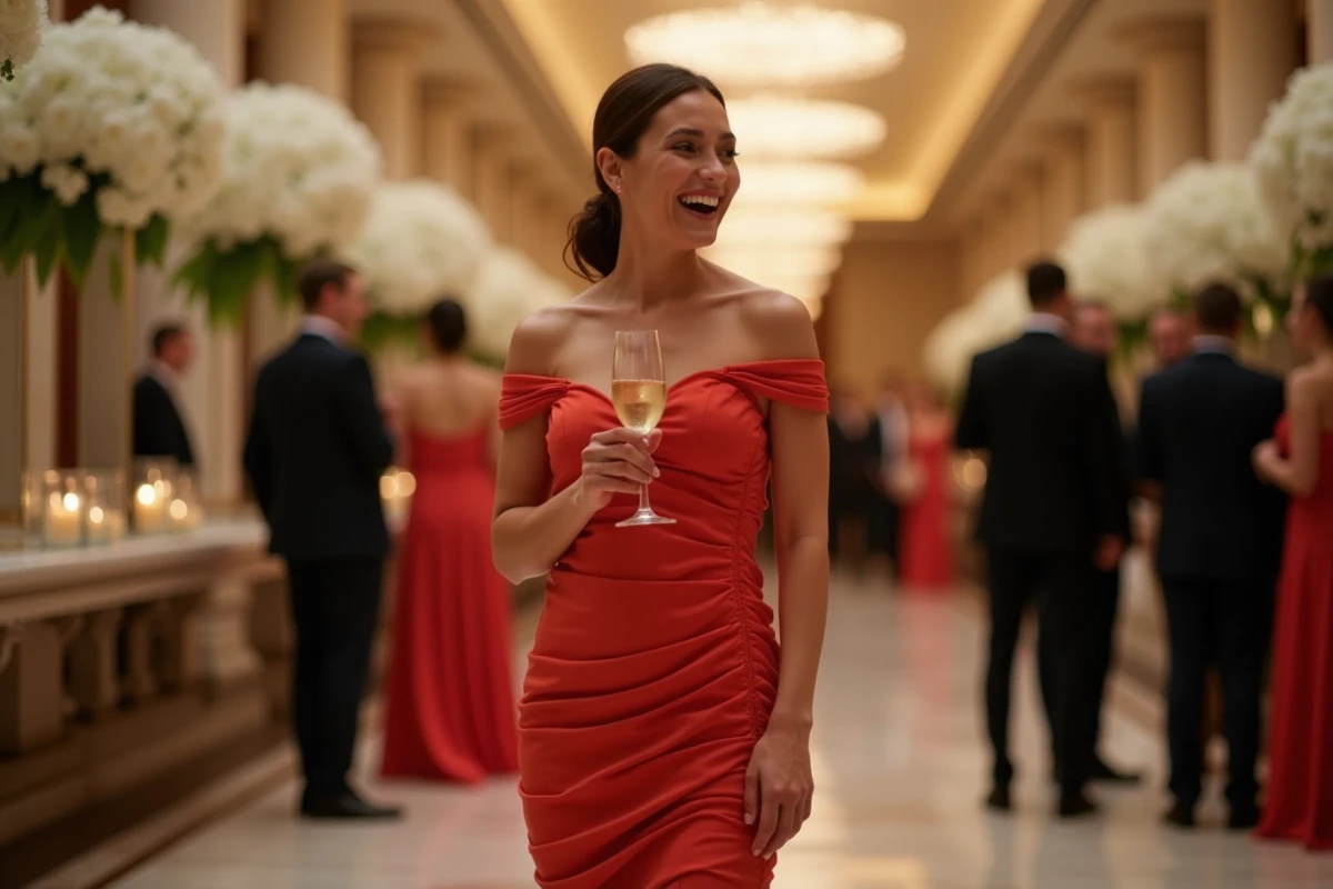 Femme en robe cocktail courte corail à épaules dénudées lors d'une réception de mariage