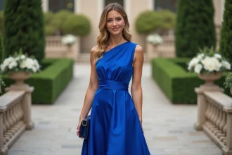 Femme en robe courte cocktail bleu cobalt vif dans un jardin de mariage élégant