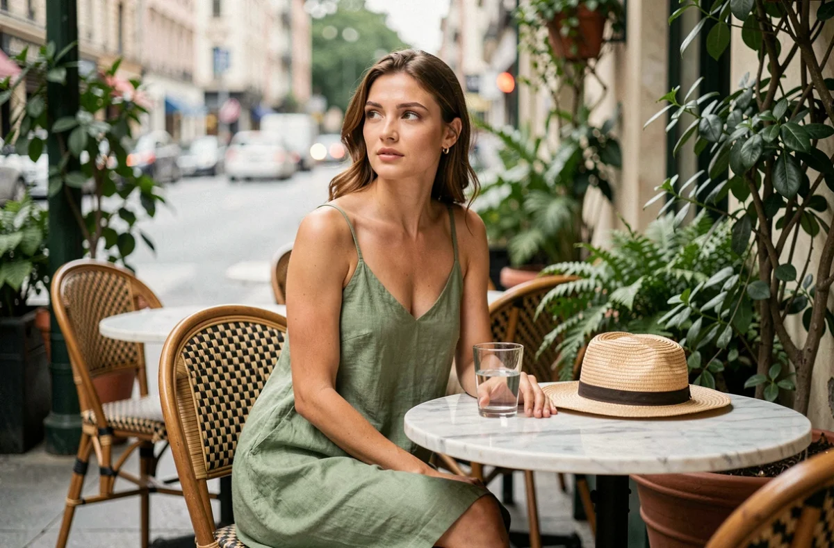Jeune femme en robe slip dress lin vert sauge assise en terrasse de café urbain avec un chapeau de paille posé sur la table par temps chaud
