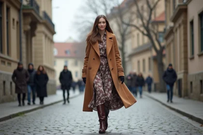Femme en robe midi florale et bottes en cuir marron marchant dans une rue pavée en hiver