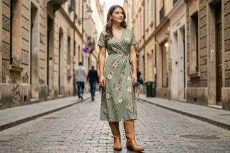 Femme portant une robe midi fleurie verte avec des santiags en cuir camel dans une rue pavée, silhouette allongée grâce à l'association robe et bottes cowboy