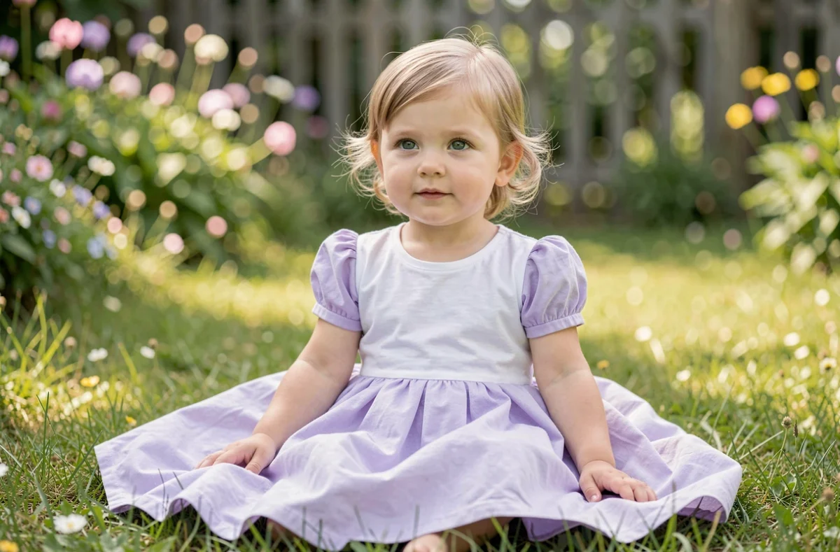 Fillette de 3 ans en robe princesse coton blanc et lavande assise dans un jardin fleuri avec une expression sereine