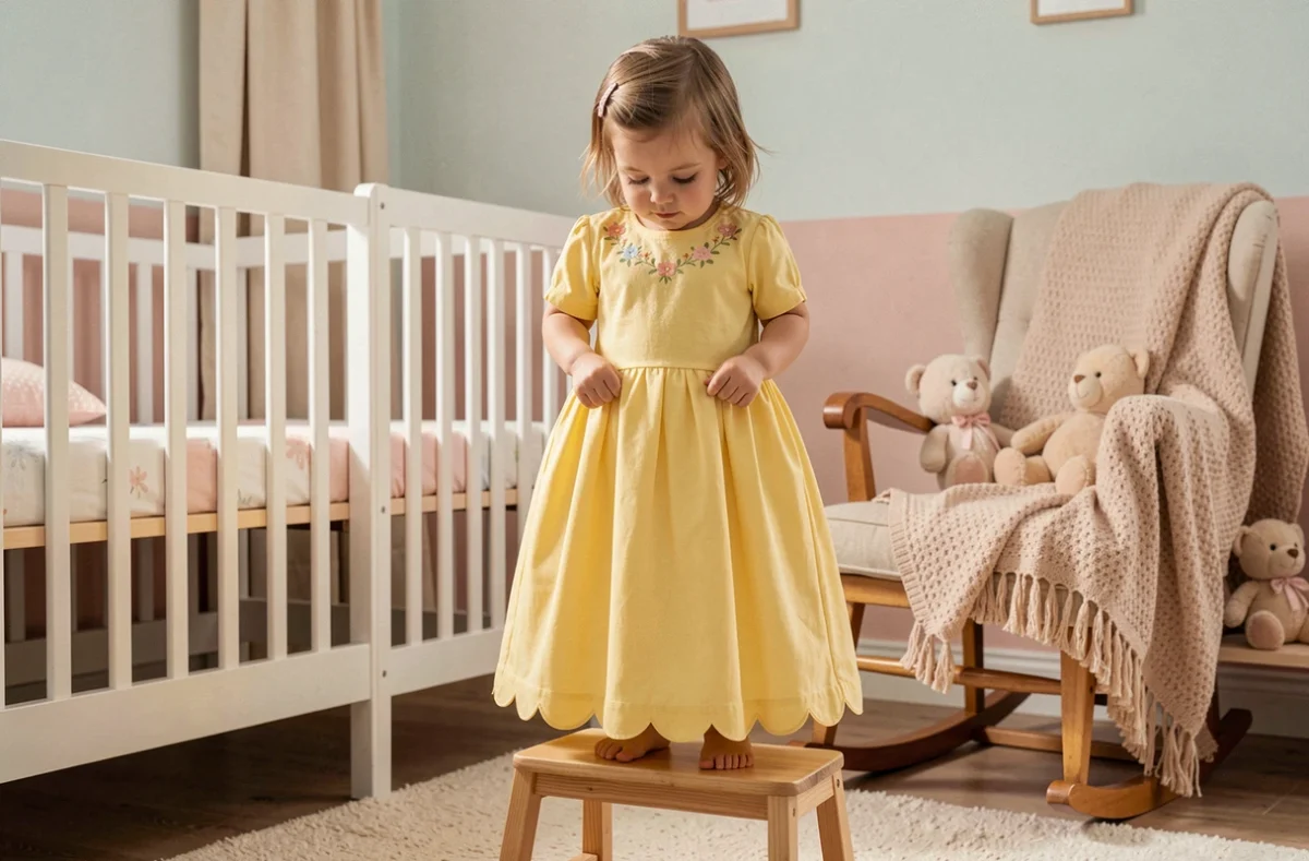 Petite fille de 3 ans dans une robe princesse en coton jaune touchant le tissu dans une chambre de bébé douce et colorée