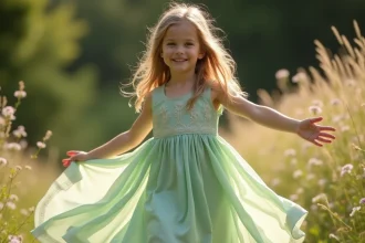 Petite fille en robe de princesse écoresponsable en coton bio vert sauge virevoltant dans un jardin fleuri