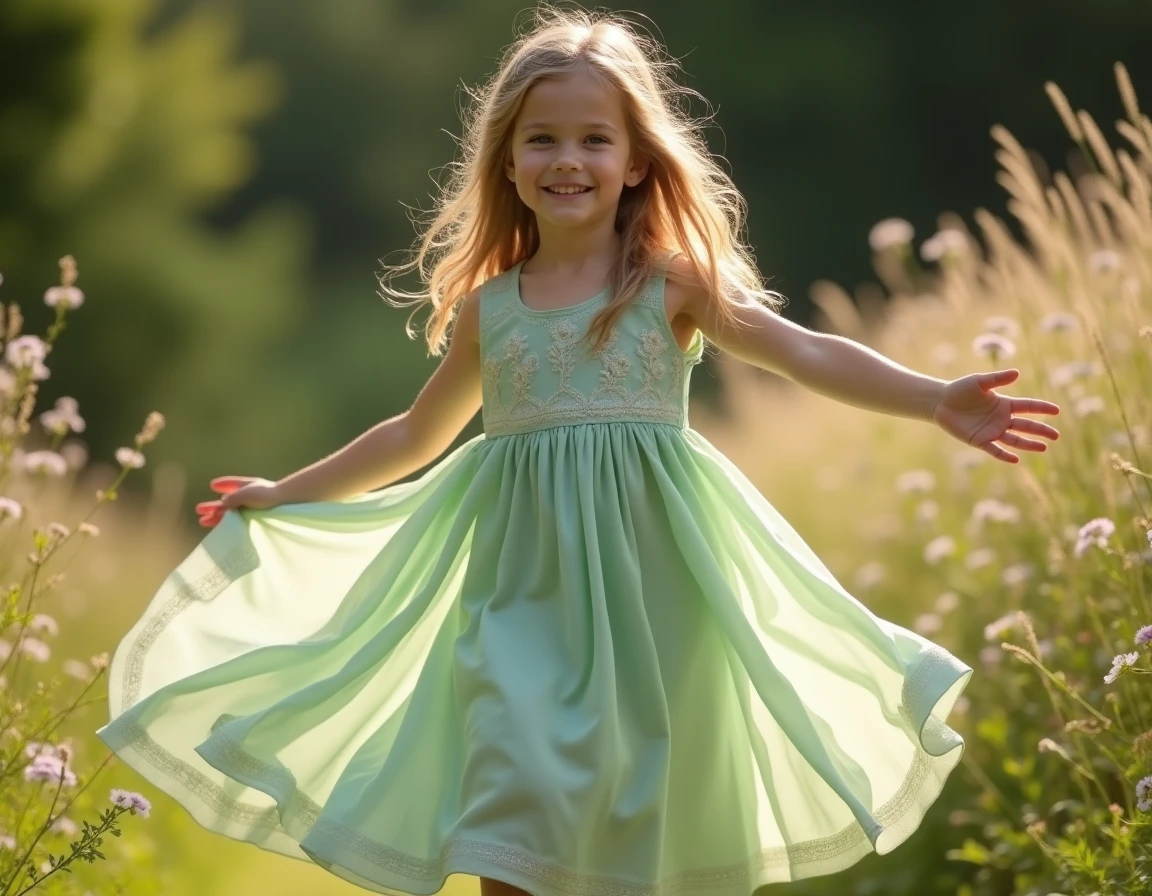 Petite fille en robe de princesse écoresponsable en coton bio vert sauge virevoltant dans un jardin fleuri