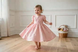 Petite fille de 3 ans portant une robe princesse en coton rose pastel qui tournoie sur un plancher en bois dans un salon lumineux