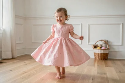 Petite fille de 3 ans portant une robe princesse en coton rose pastel qui tournoie sur un plancher en bois dans un salon lumineux
