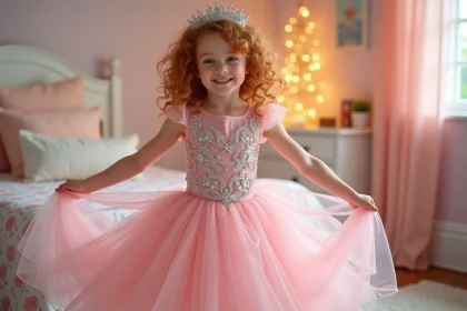 Petite fille en robe de princesse rose à tulle et broderies argentées qui tournoie dans une chambre décorée de guirlandes lumineuses