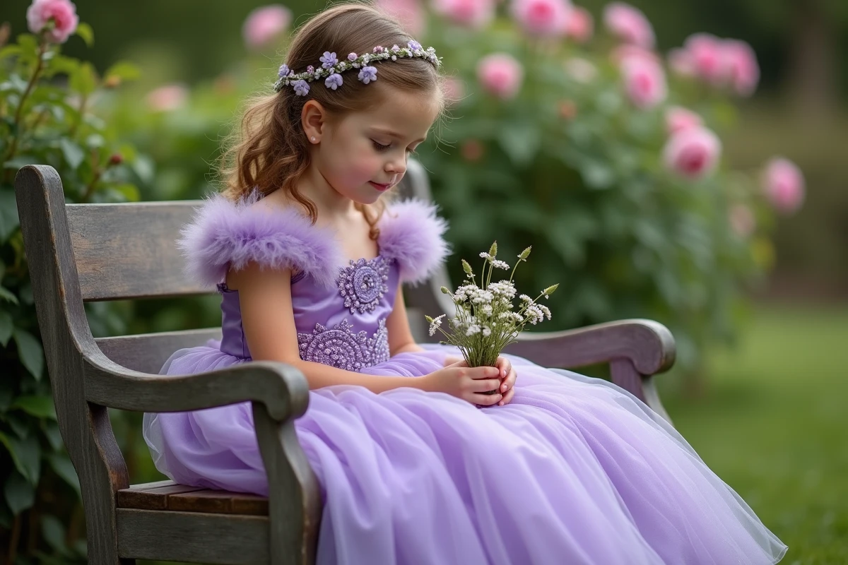 Fillette en robe de princesse violette longue assise sur un banc en bois dans un jardin fleuri tenant un bouquet de fleurs sauvages