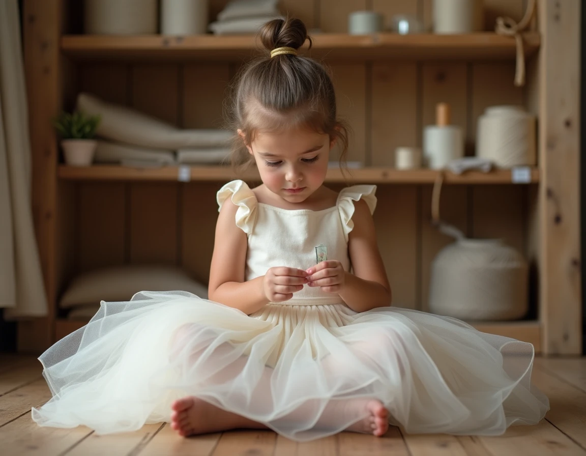Jeune fille inspectant l'étiquette écoresponsable de sa robe de princesse en lin recyclé dans un atelier artisanal