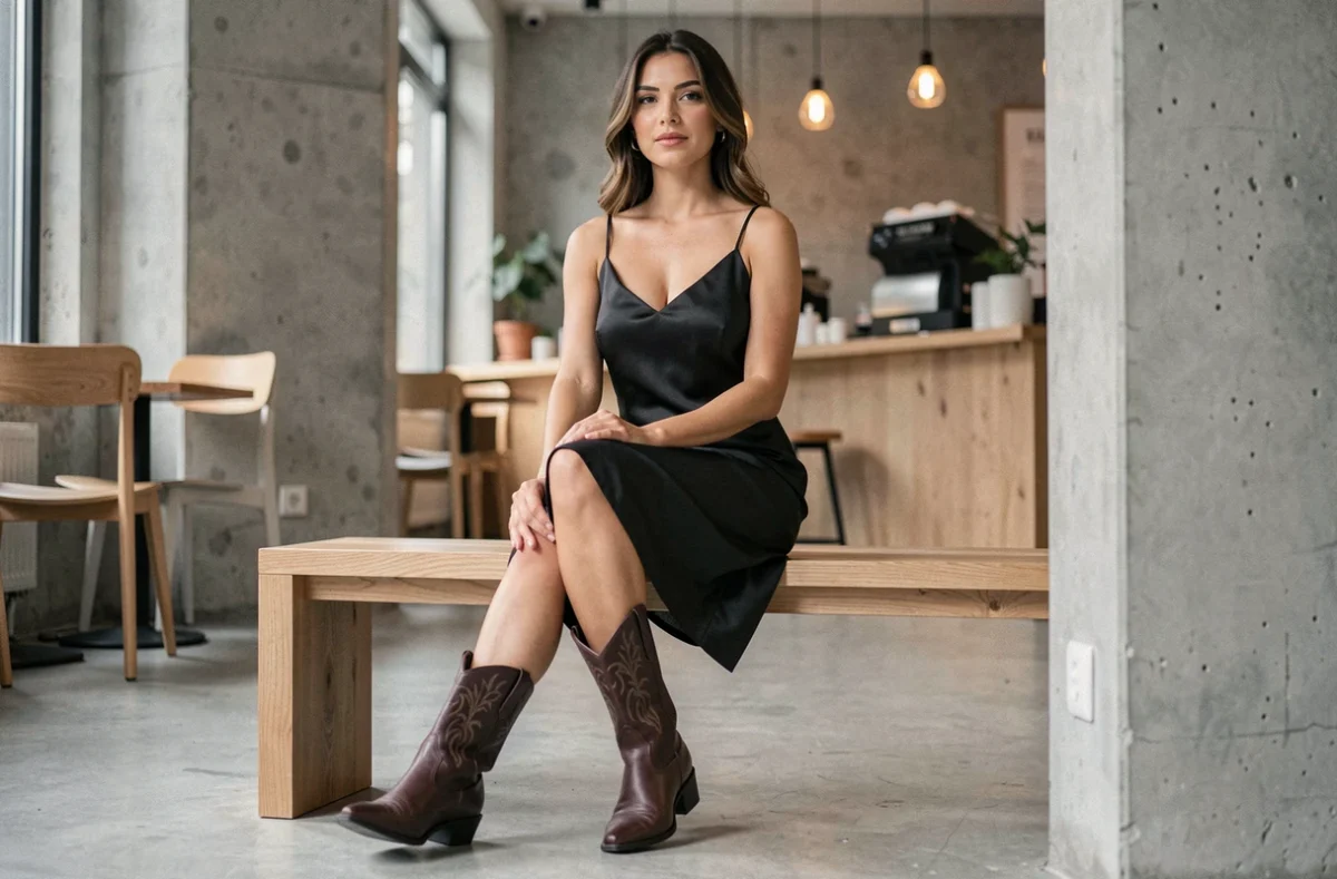 Femme en robe slip dress noire et santiags chocolat assise dans un café scandinave, association monochrome qui allonge la silhouette visuellement
