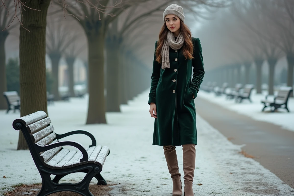 Femme en robe velours verte et bottes suède dans un parc hivernal givré