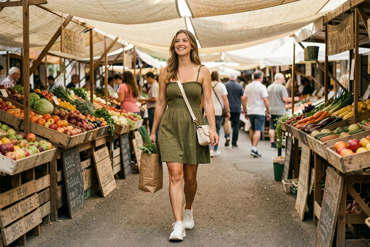 Femme en robe verte olive courte smockée et baskets blanches se promenant dans un marché de plein air en été