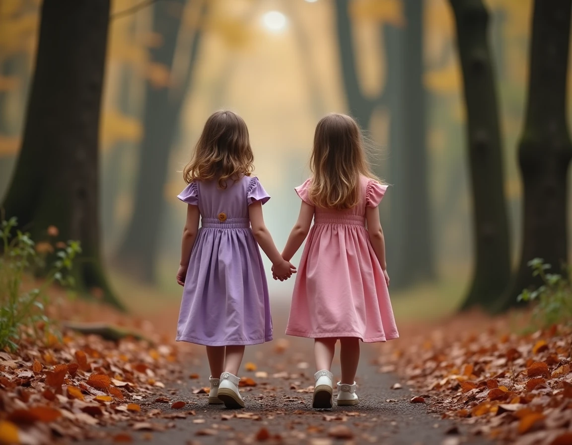 Deux petites filles en robes de princesse durables en coton biologique marchant dans une forêt automnale