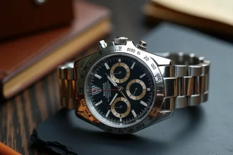 Rolex Daytona chronographe posé sur ardoise sombre avec catalogues d'enchères, illustrant l'investissement horloger
