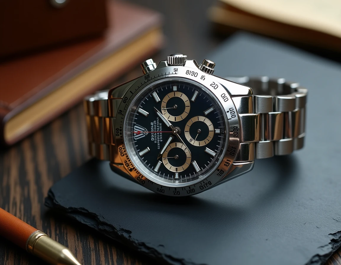 Rolex Daytona chronographe posé sur ardoise sombre avec catalogues d'enchères, illustrant l'investissement horloger