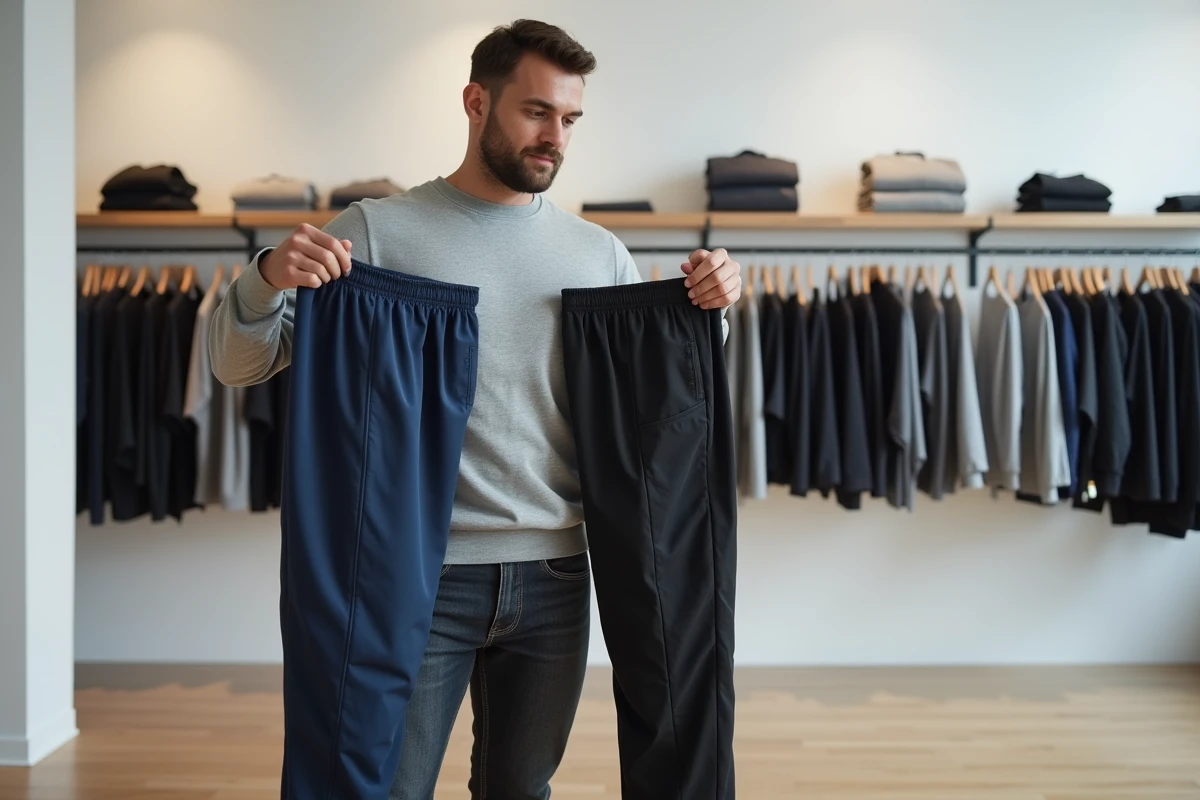 Homme en boutique comparant deux sarouels jogging homme de qualités différentes en tenant les pantalons côte à côte pour évaluer les finitions