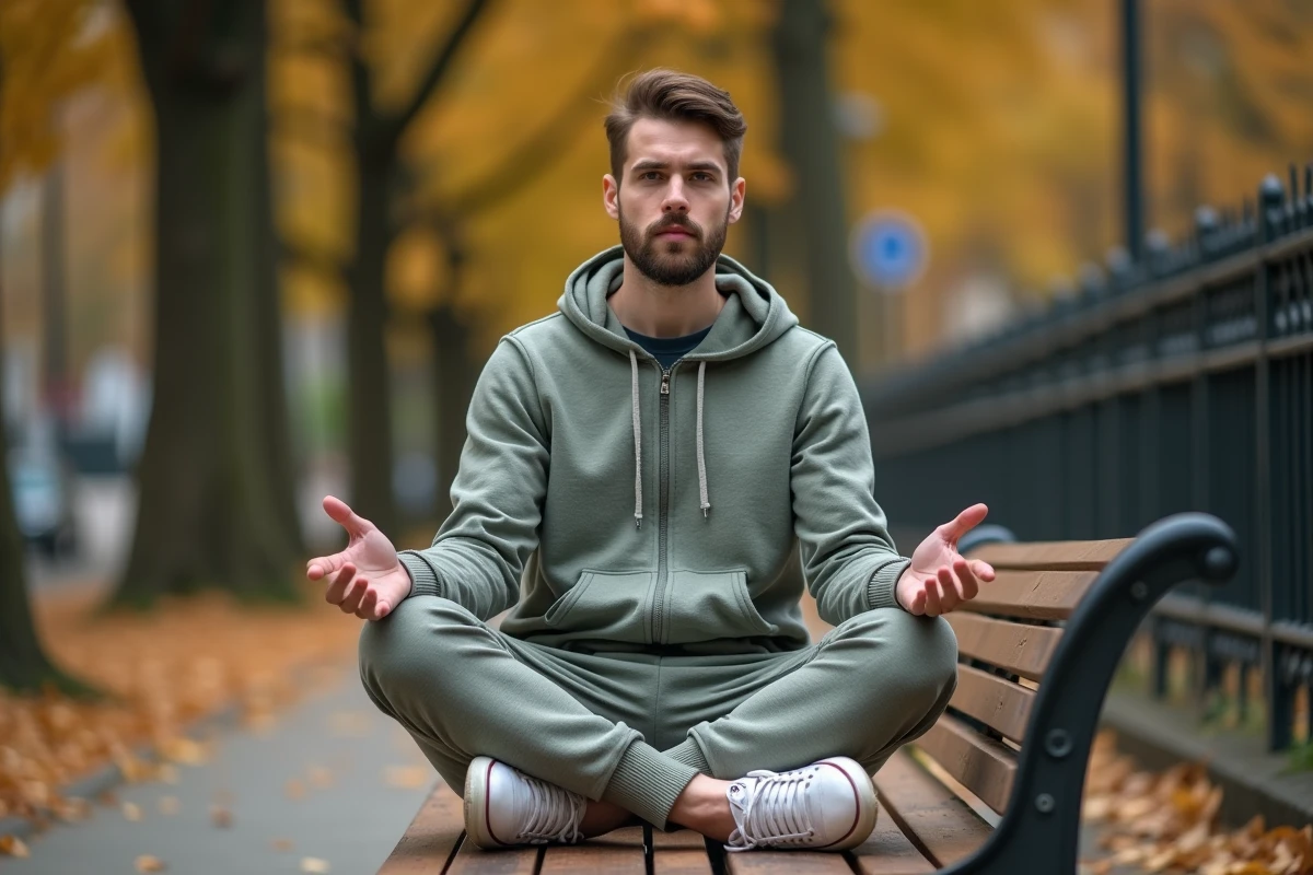 Homme assis sur un banc de parc étirant le tissu de son sarouel jogging gris pour tester l'élasticité et la qualité du textile