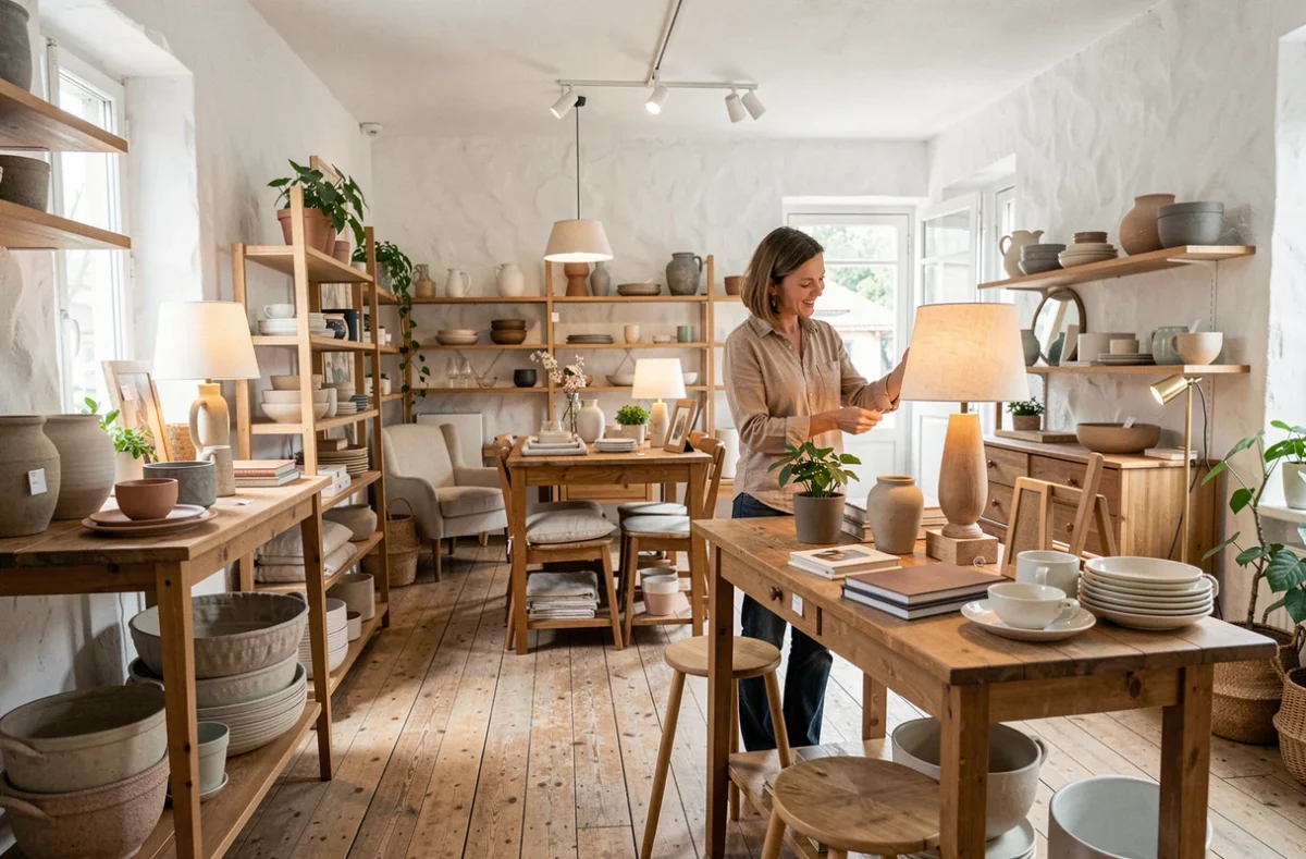 Boutique Seconde Chance à Annecy avec des objets de décoration et meubles d'occasion disposés avec soin sur des tables en bois