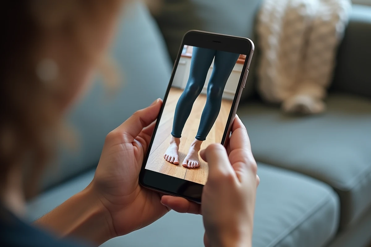 Gros plan sur un smartphone affichant des photos avant-après retouchées de legging minceur sur les réseaux sociaux