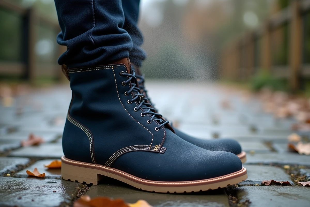 Gros plan sur une bottine country femme en nubuck bleu marine lors de l'application d'un spray imperméabilisant en extérieur