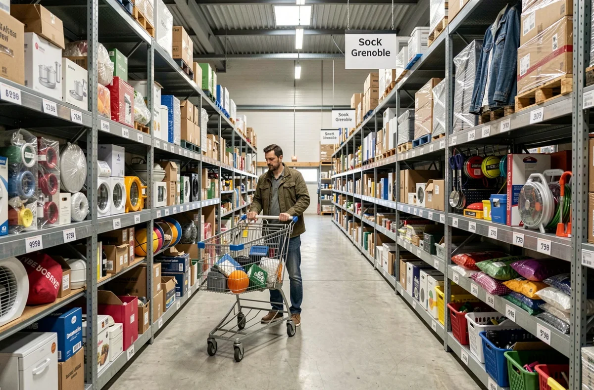 Intérieur du magasin Stock 38 à Grenoble avec de longues étagères métalliques chargées d'articles d'occasion variés et un client avec un caddie